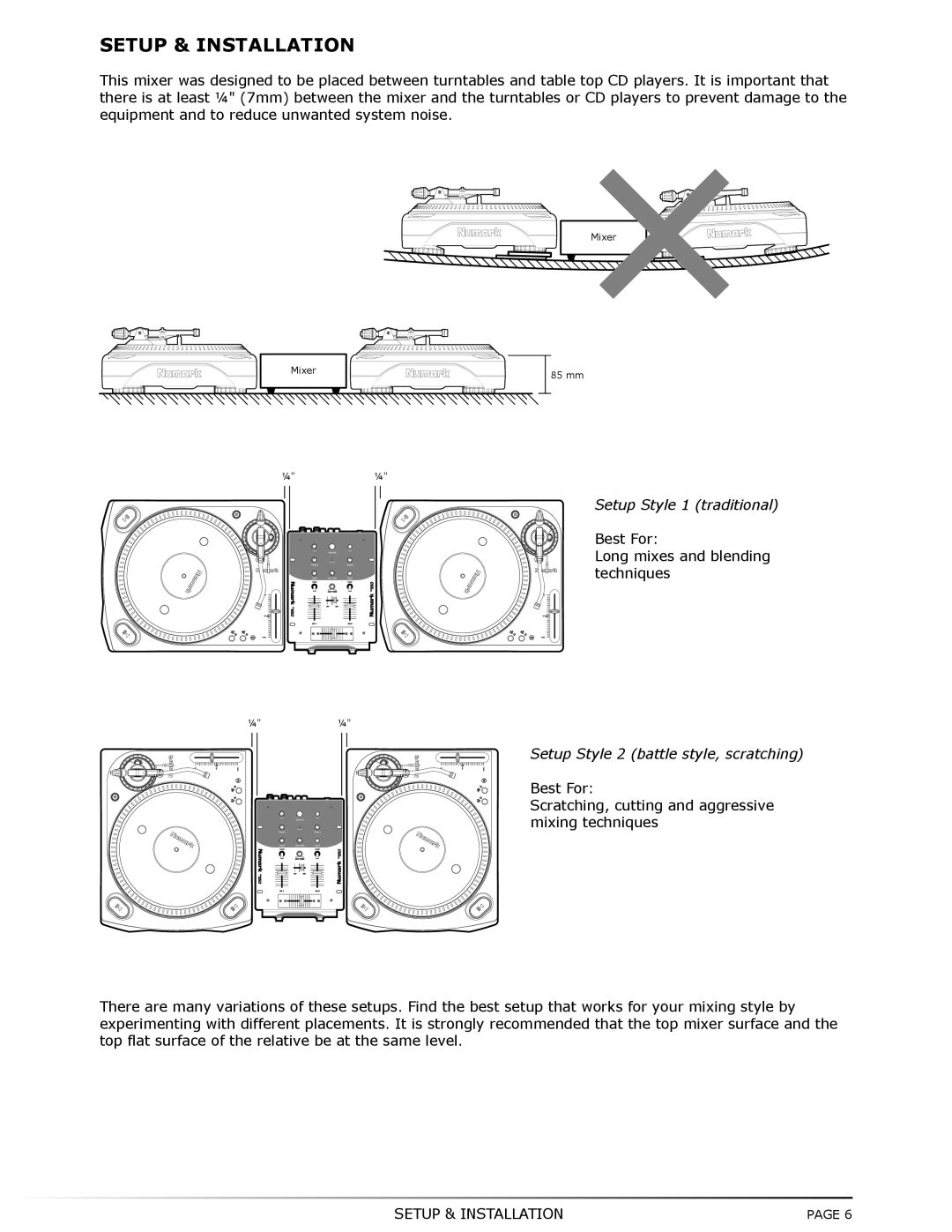 Numark Industries DM-950 operating instructions Setup & Installation, Setup Style 2 battle style, scratching 