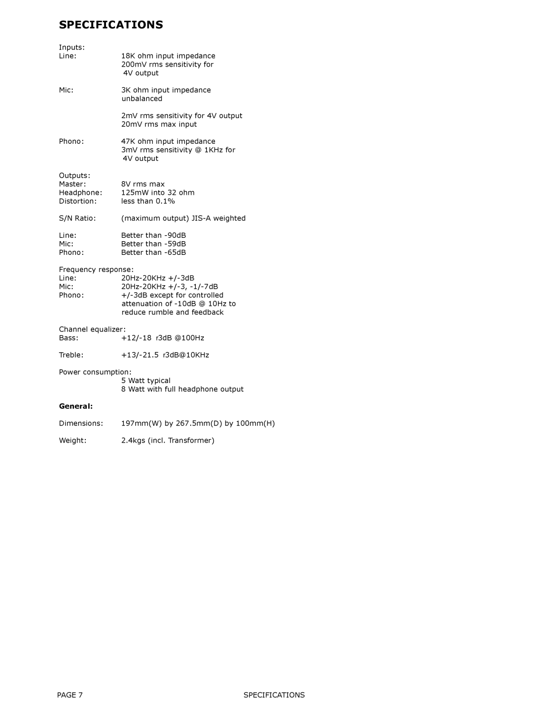 Numark Industries DM-950 operating instructions Specifications 