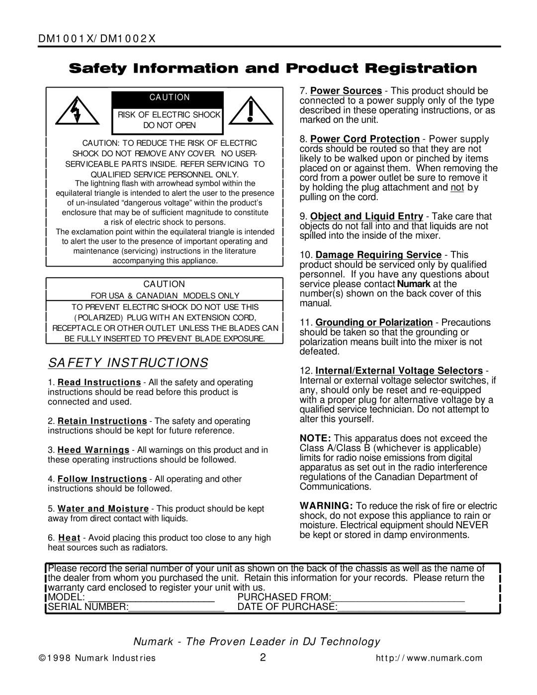 Numark Industries DM1002X, DM1001X owner manual Safety Instructions 