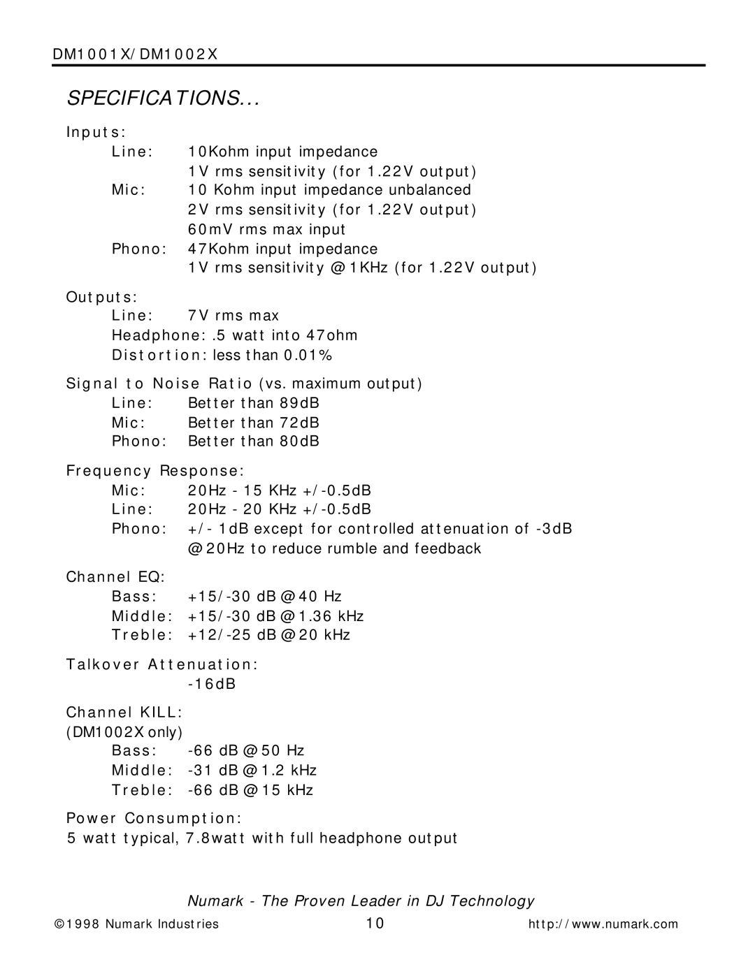 Numark Industries DM1002X, DM1001X owner manual Specifications, Inputs 