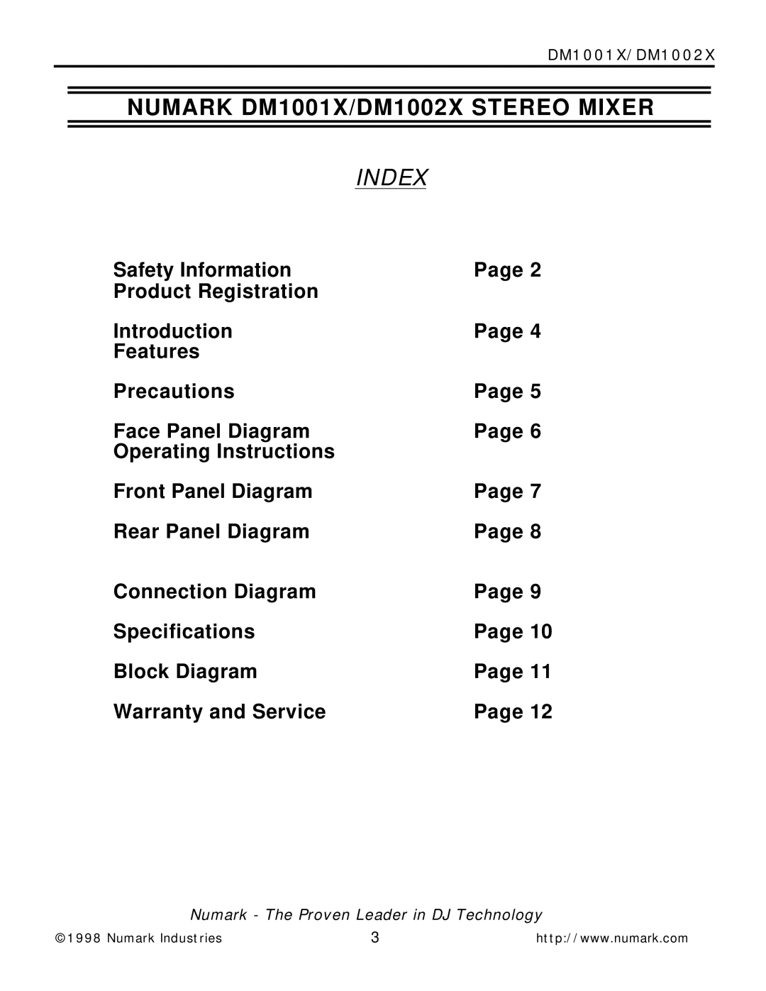 Numark Industries DM1001X, DM1002X owner manual Index 