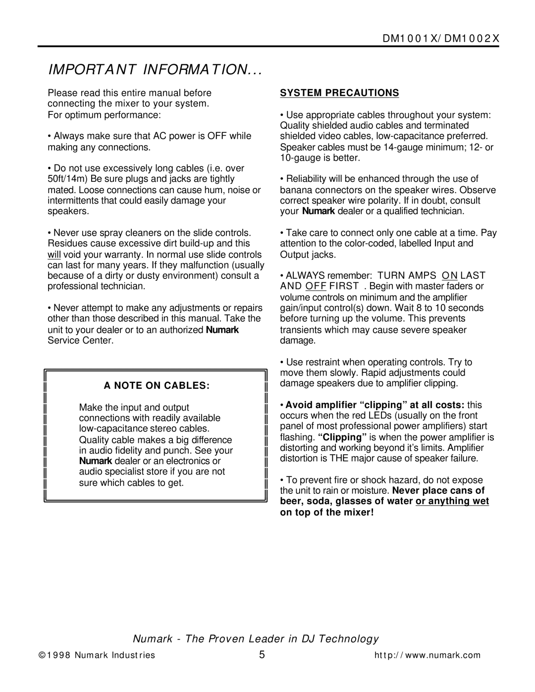 Numark Industries DM1001X, DM1002X owner manual Important Information, System Precautions 