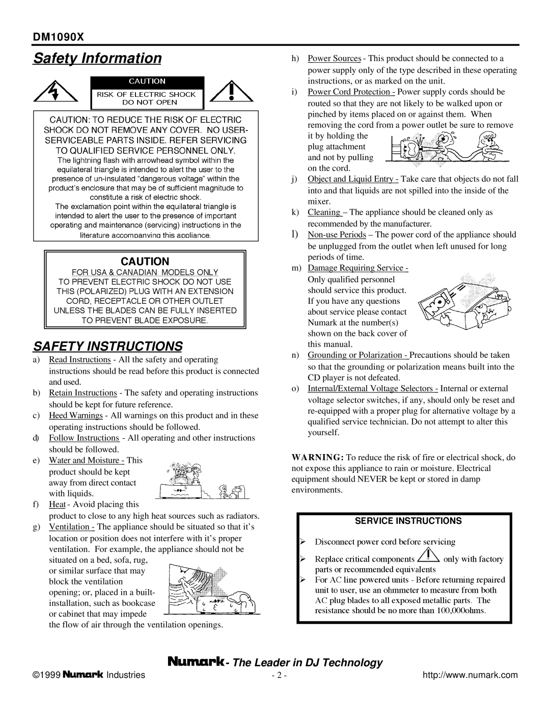 Numark Industries DM1090X user manual Safety Information, Safety Instructions 