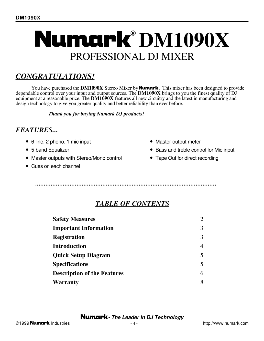 Numark Industries DM1090X user manual Congratulations, Features, Table of Contents 