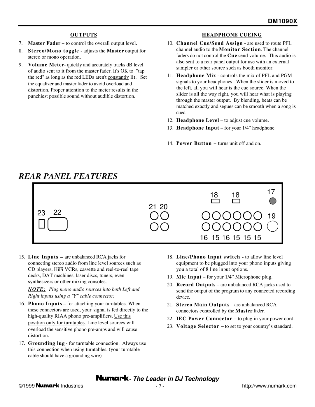 Numark Industries DM1090X user manual Rear Panel Features, Outputs, Headphone Cueing 