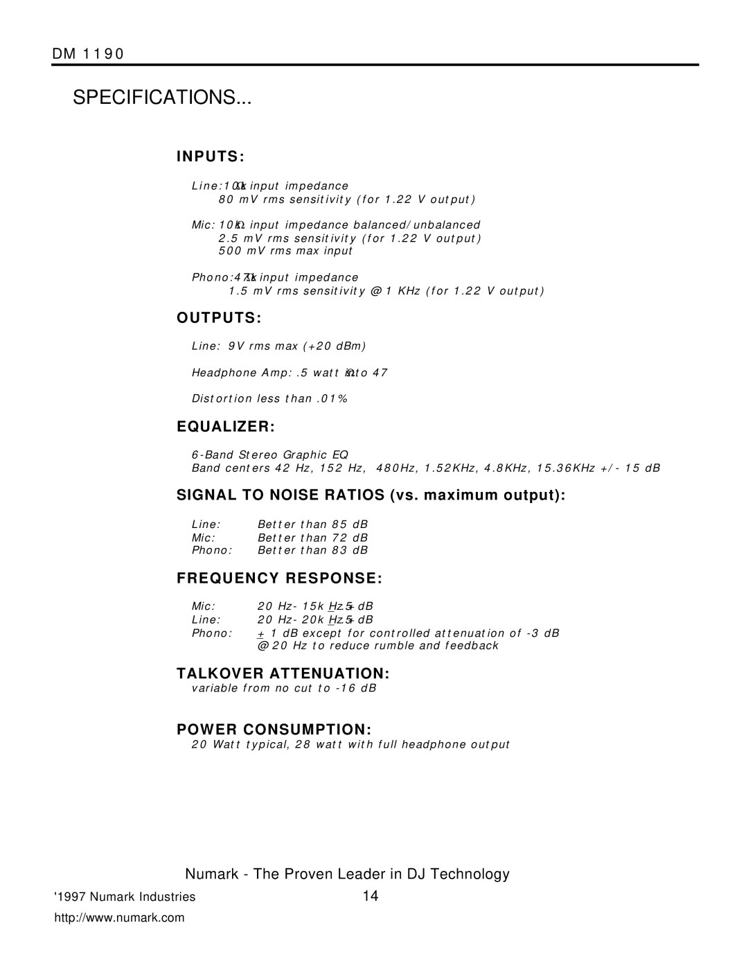 Numark Industries DM1190 owner manual Specifications, P U T S 