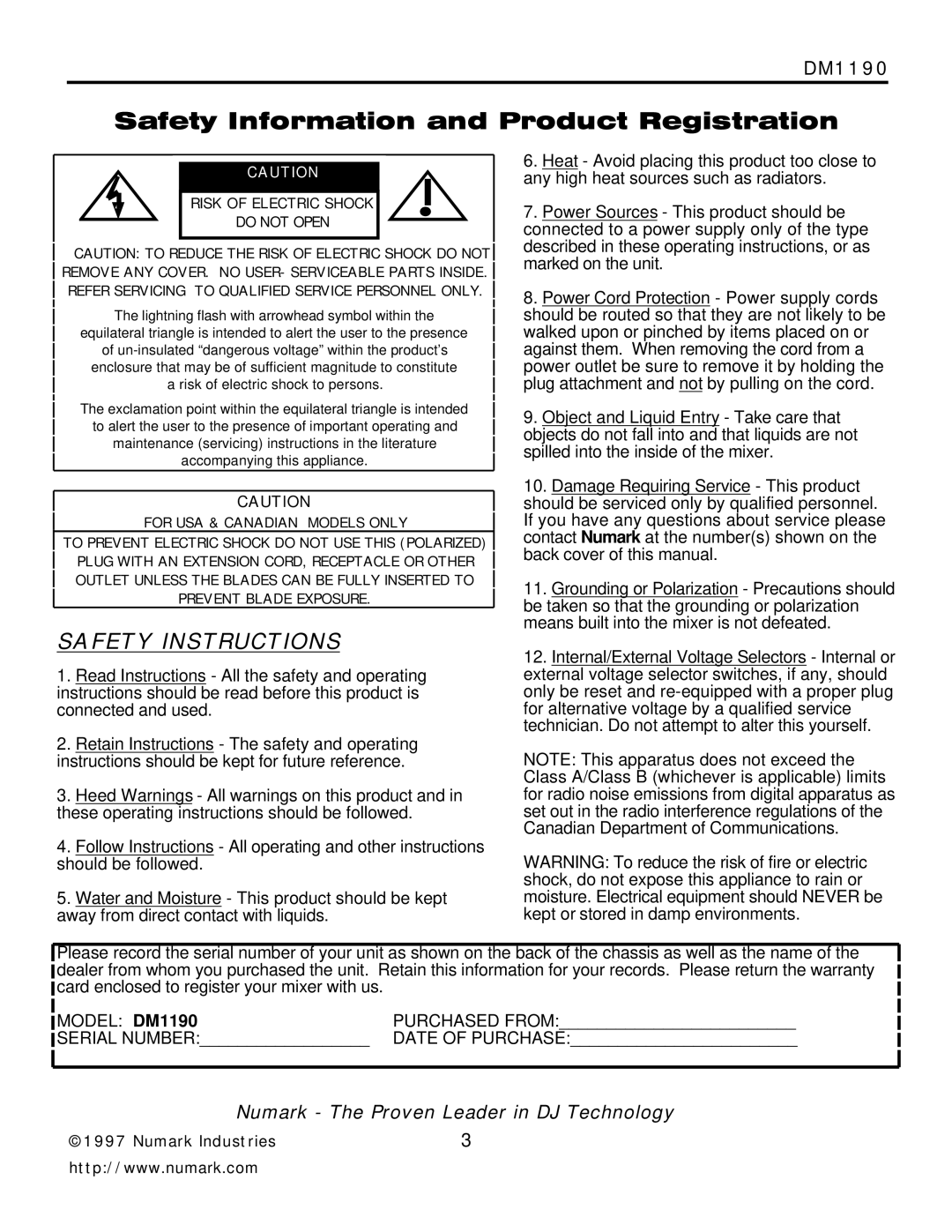 Numark Industries DM1190 owner manual Safety Instructions 