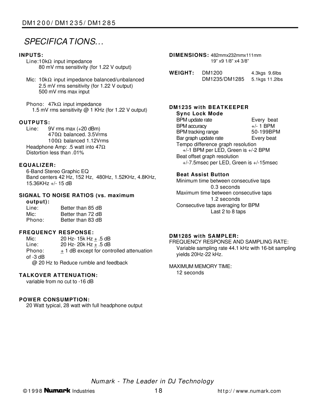 Numark Industries DM1285 Specifications, Frequency Response, Talkover Attenuation, Power Consumption, Weight DM1200 