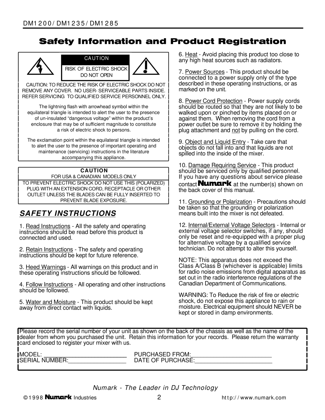 Numark Industries owner manual DM1200/DM1235/DM1285, U T I O N 