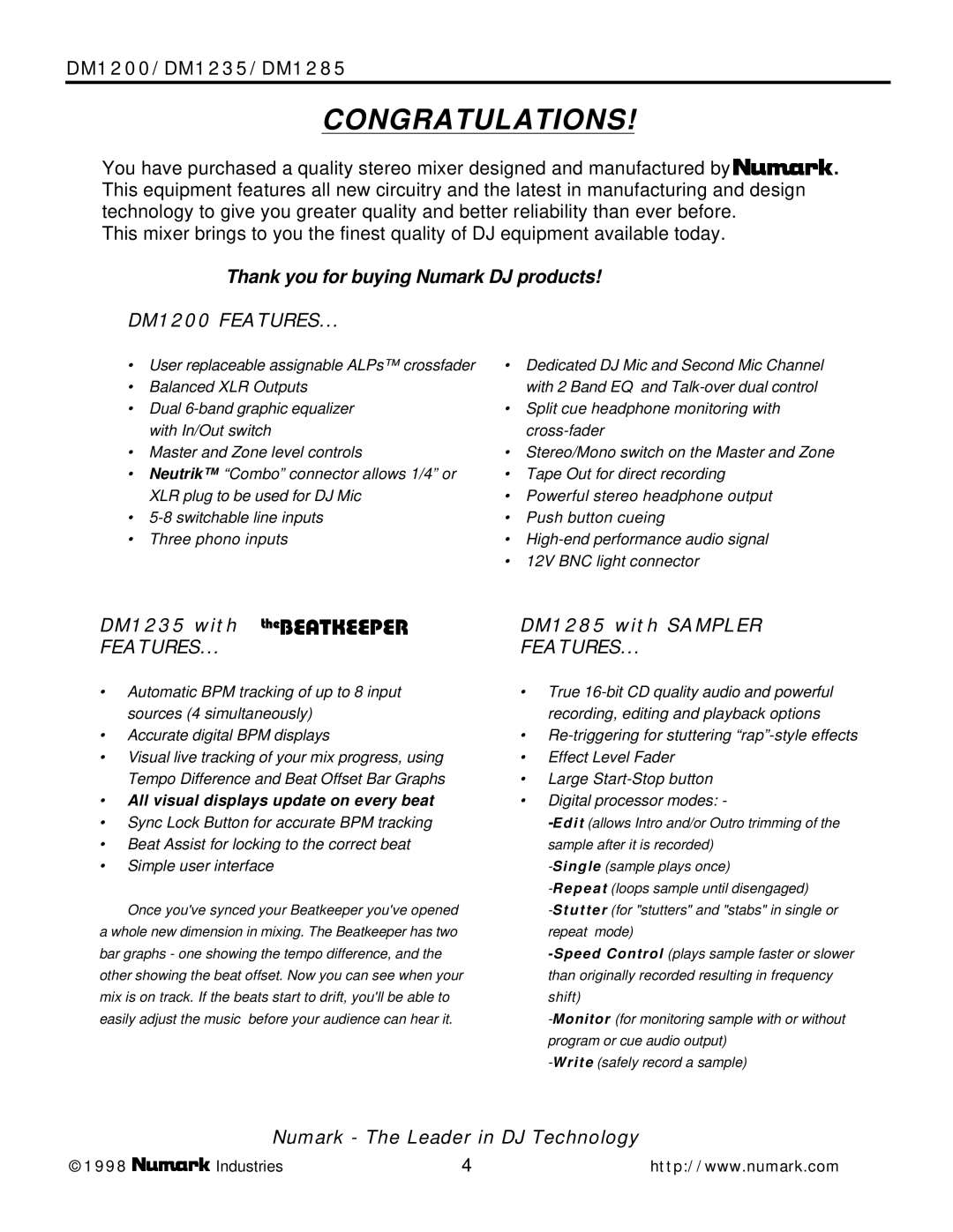 Numark Industries DM1200, DM1285, DM1235 owner manual Congratulations 