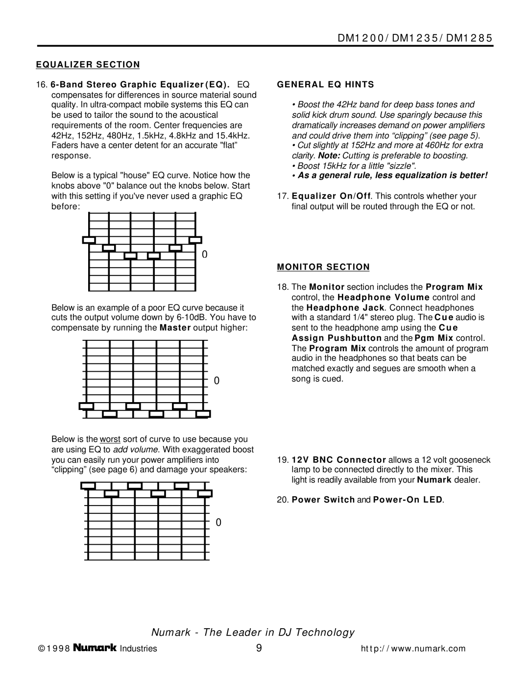 Numark Industries DM1285, DM1200 Equalizer Section, General EQ Hints, Monitor Section, Power Switch and Power On LED 