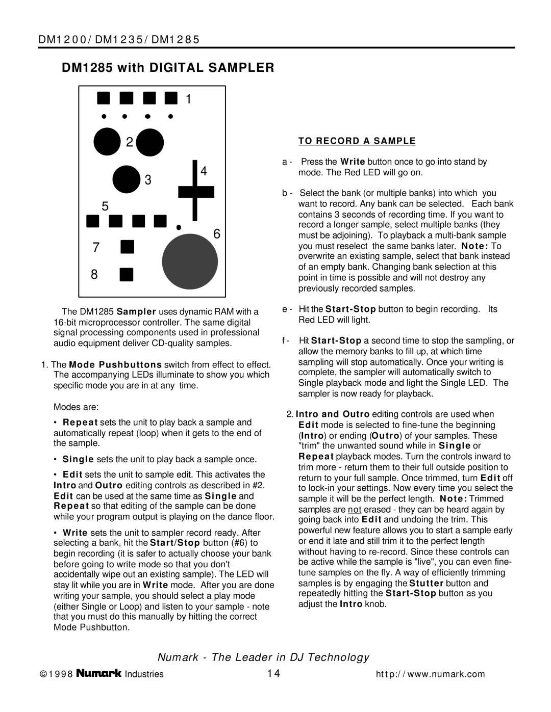 Numark Industries DM1235, DM1200 owner manual DM1285 with Digital Sampler, To Record a Sample 