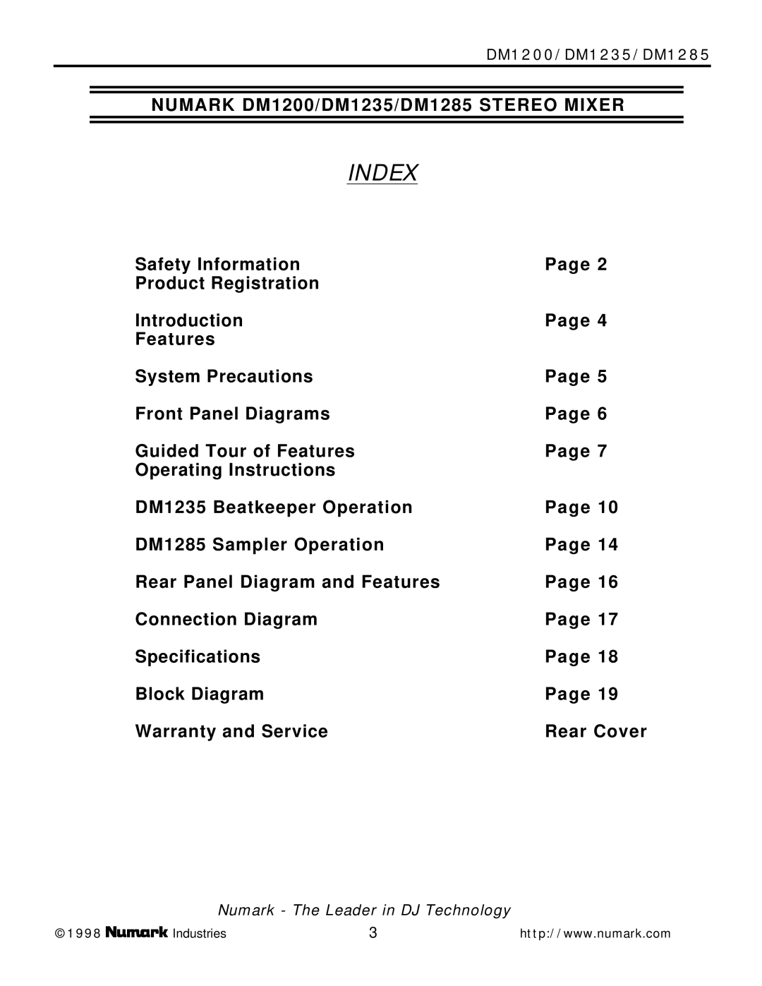 Numark Industries DM1285, DM1200, DM1235 owner manual Index 