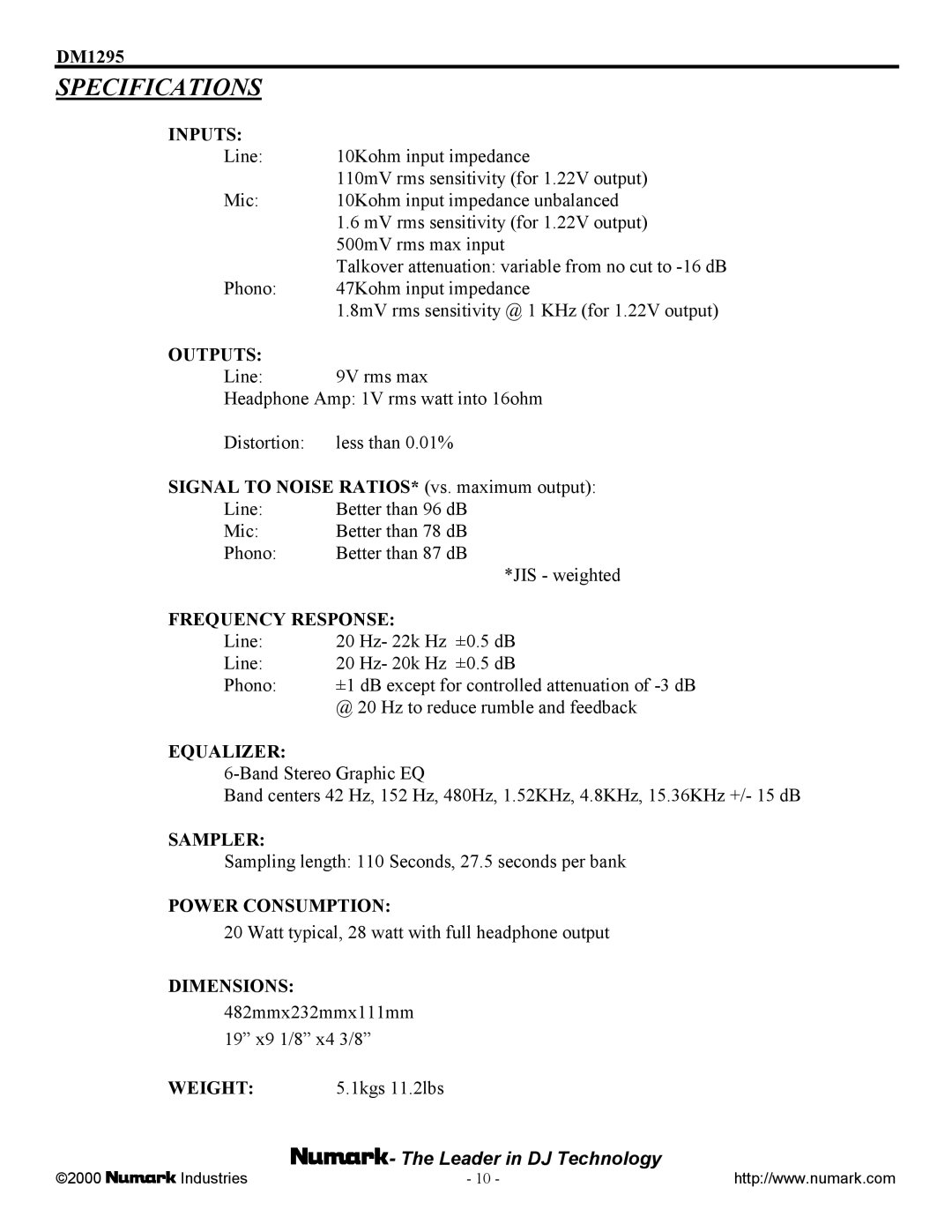 Numark Industries DM1295 owner manual Specifications, Inputs 