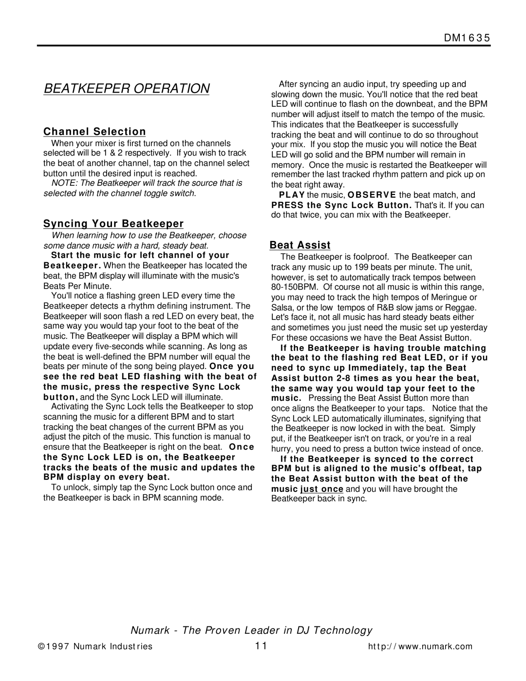 Numark Industries DM1635 owner manual Channel Selection, Syncing Your Beatkeeper, Beat Assist 