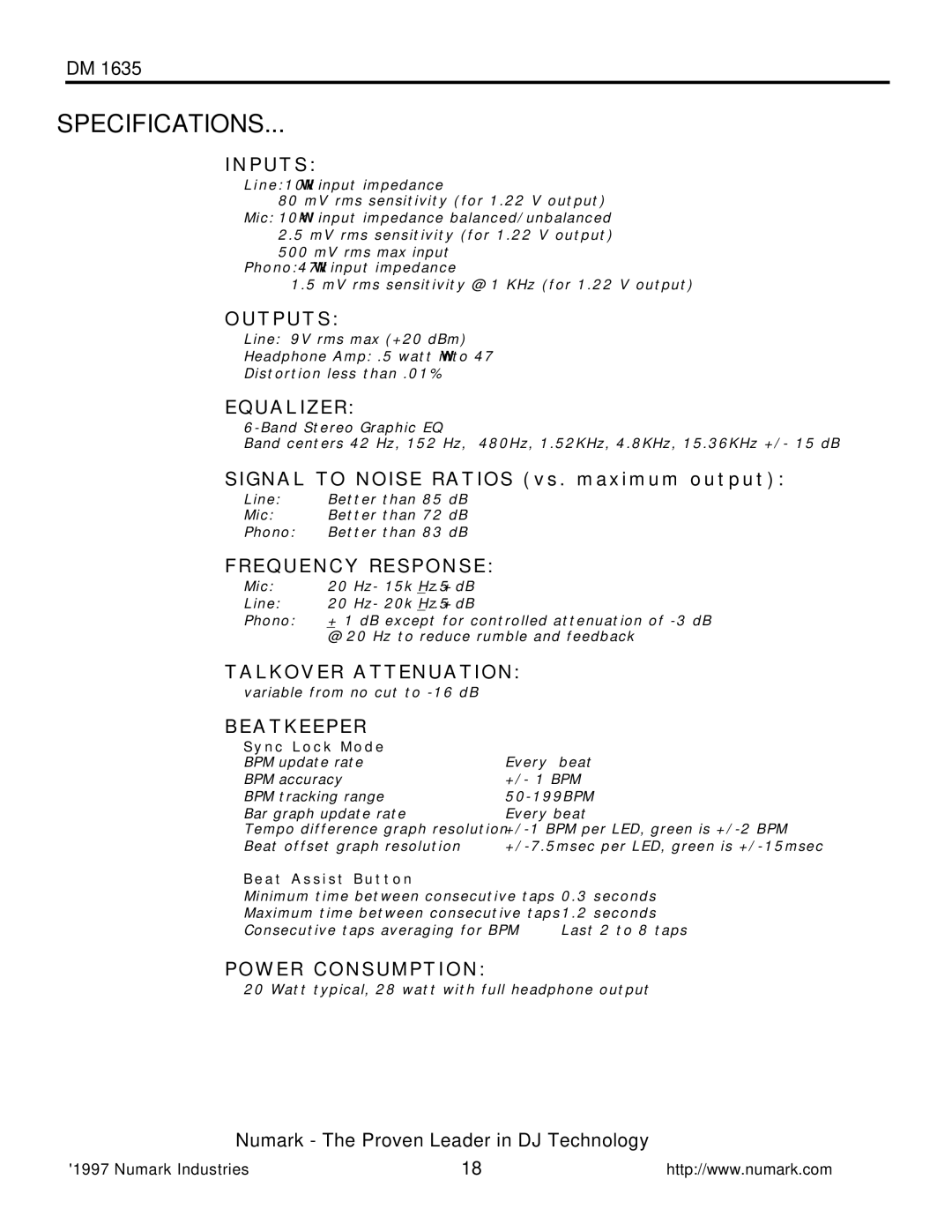 Numark Industries DM1635 owner manual Specifications, T P U T S, Signal to Noise Ratios vs. maximum output 