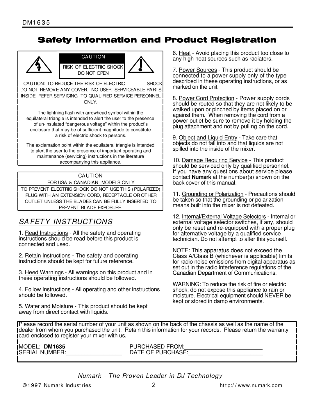 Numark Industries DM1635 owner manual Safety Instructions 