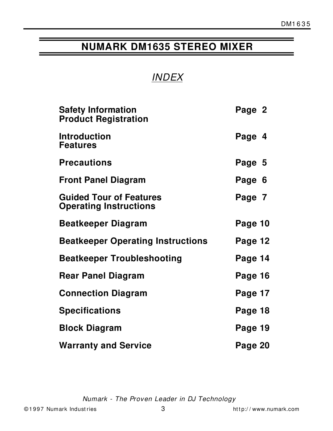 Numark Industries DM1635 owner manual Index 