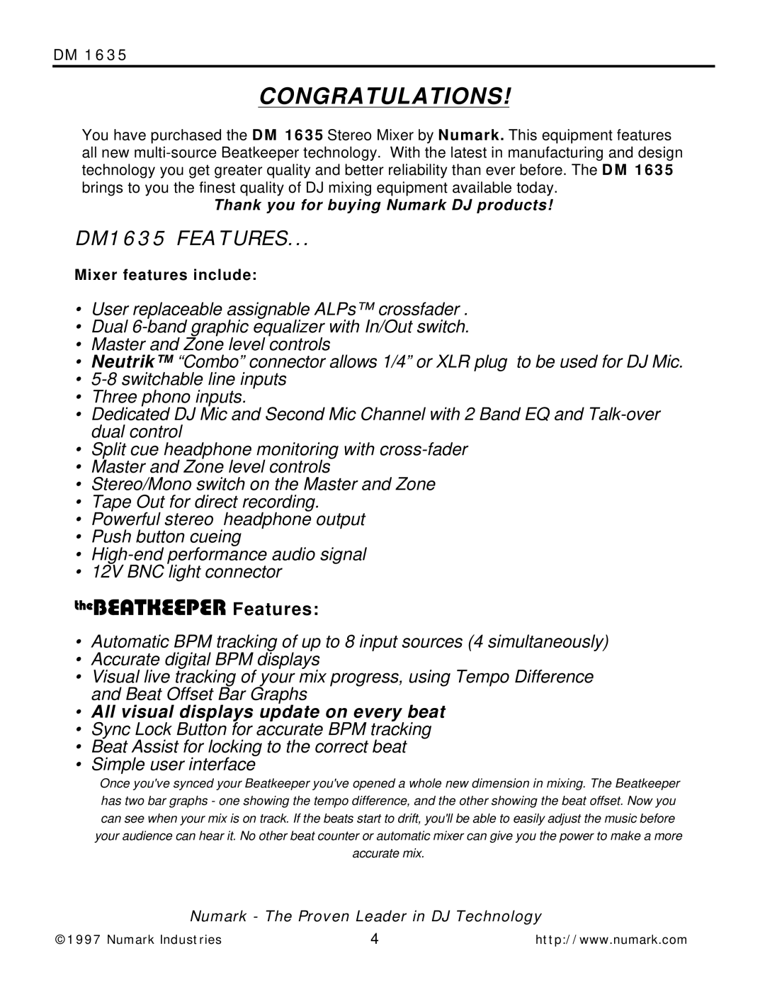 Numark Industries owner manual DM1635 Features, Mixer features include 