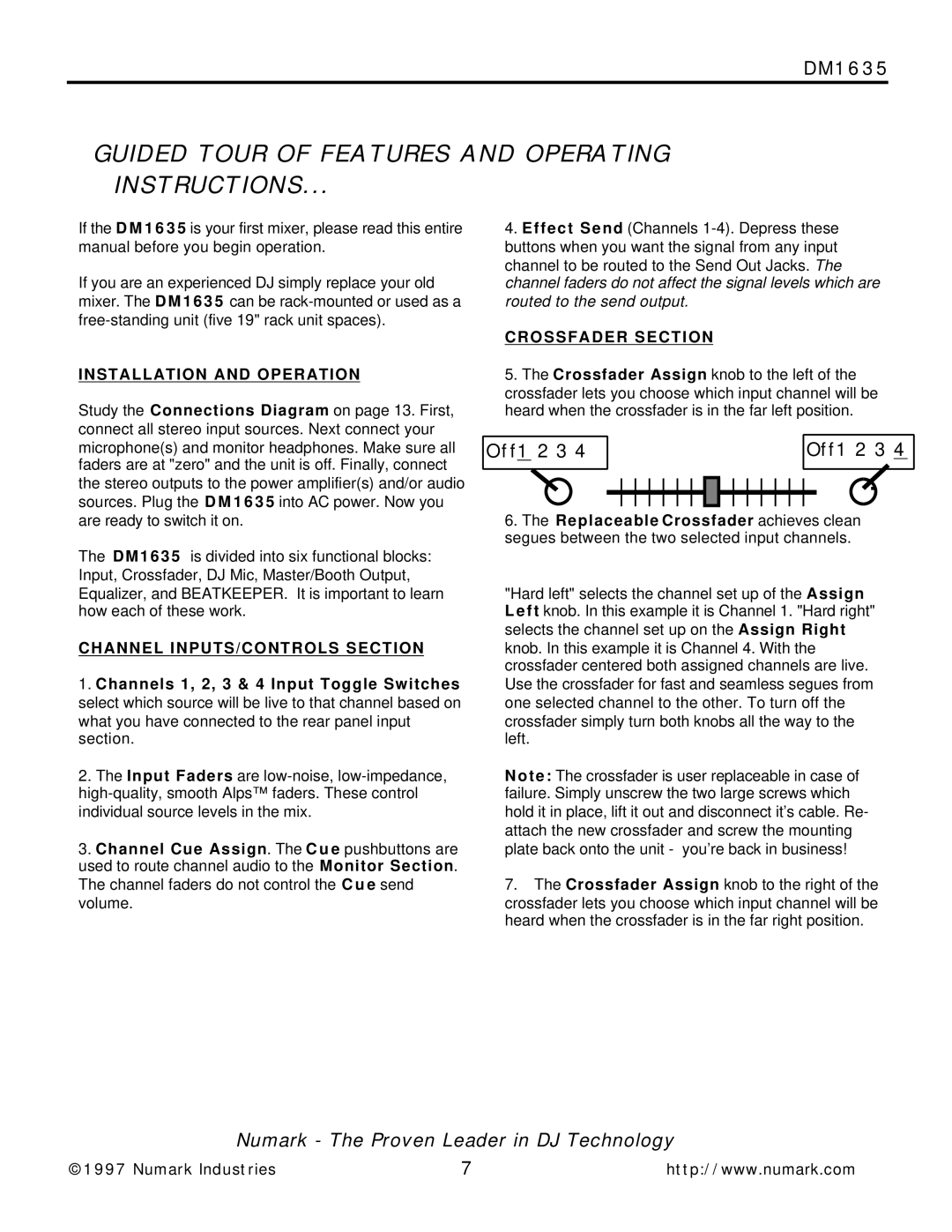Numark Industries DM1635 owner manual Installation and Operation, Channel INPUTS/CONTROLS Section, Crossfader Section 