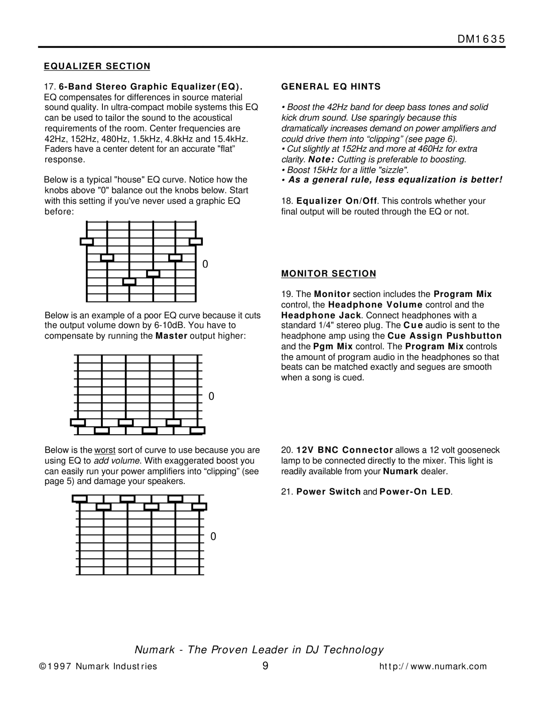 Numark Industries DM1635 owner manual Equalizer Section, General EQ Hints, Monitor Section, Power Switch and Power On LED 