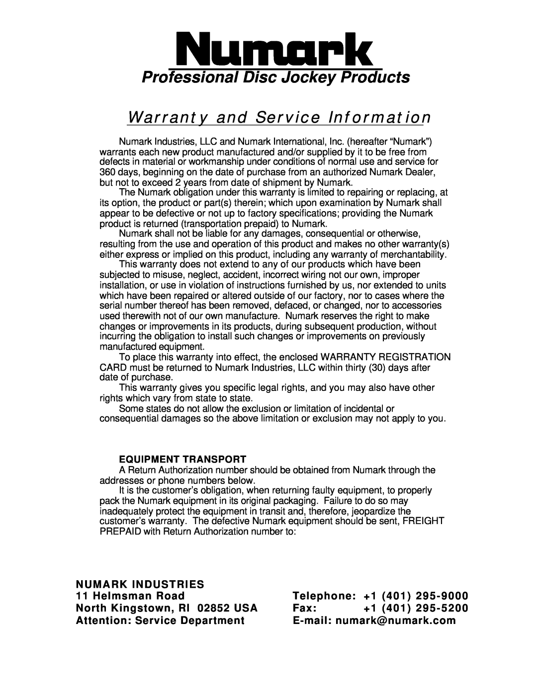 Numark Industries DM1635 owner manual Warranty and Service Information, Professional Disc Jockey Products 