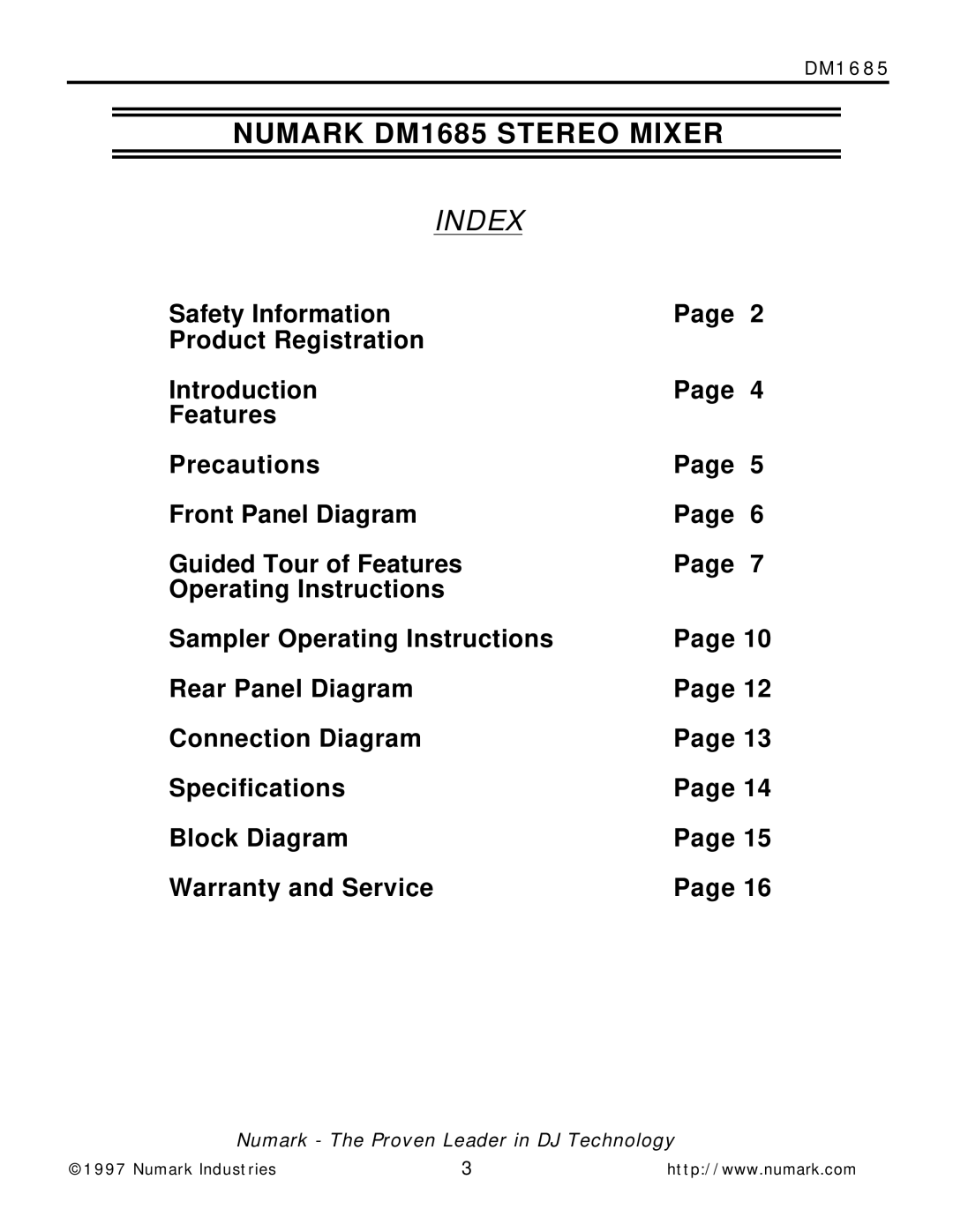 Numark Industries DM1685 owner manual Index 