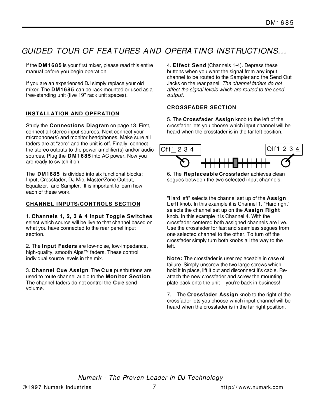 Numark Industries DM1685 owner manual Installation and Operation, Crossfader Section, Channel INPUTS/CONTROLS Section 