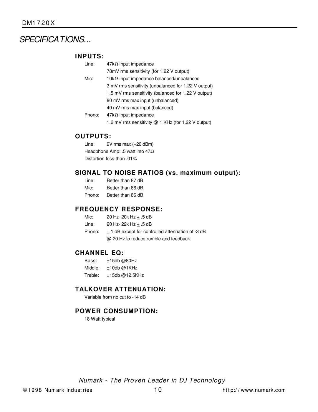 Numark Industries DM1720X owner manual Specifications, P U T S 