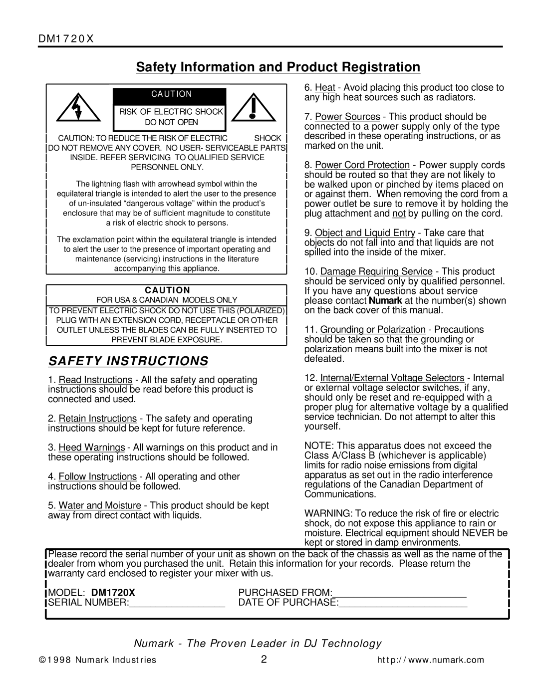 Numark Industries DM1720X owner manual Safety Information and Product Registration 