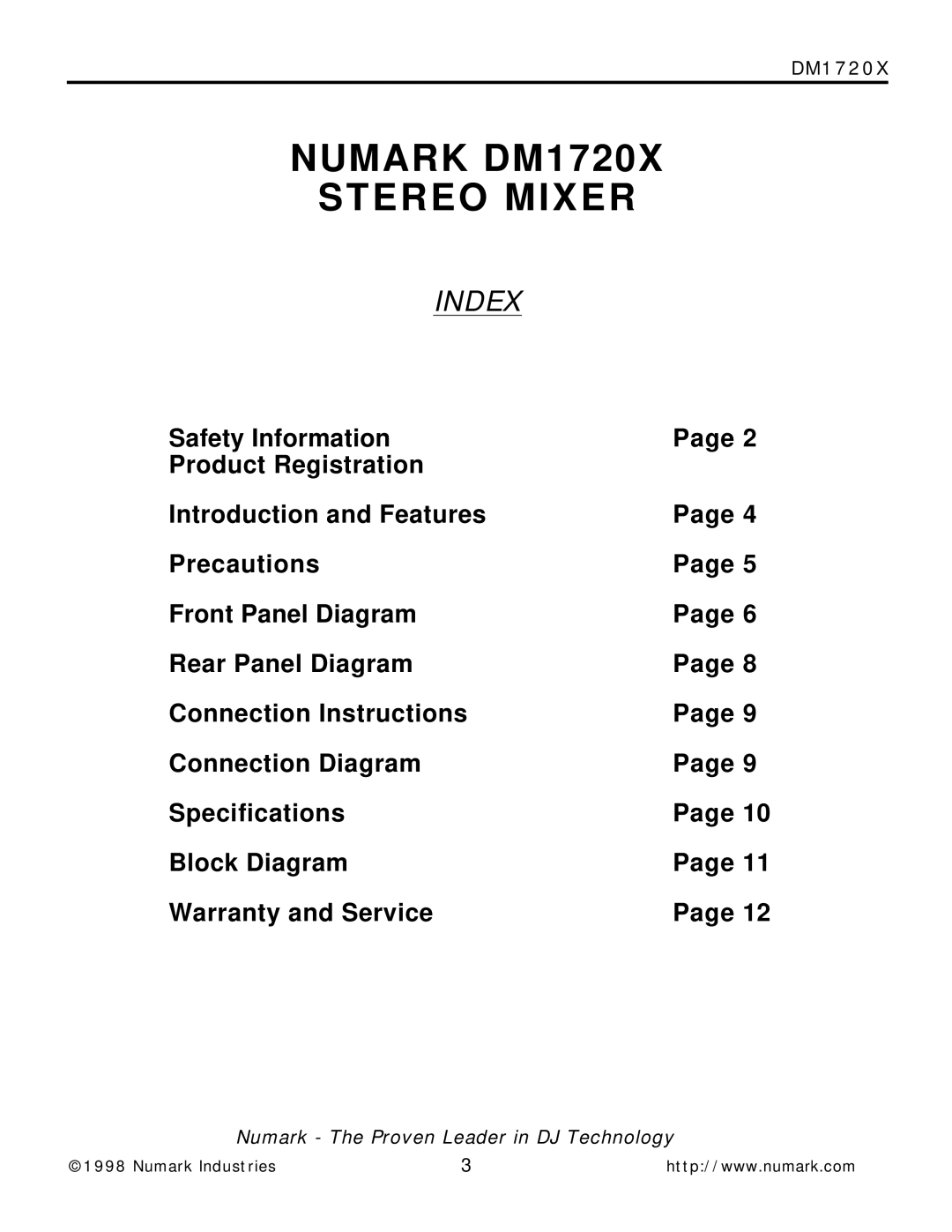 Numark Industries owner manual Numark DM1720X Stereo Mixer 