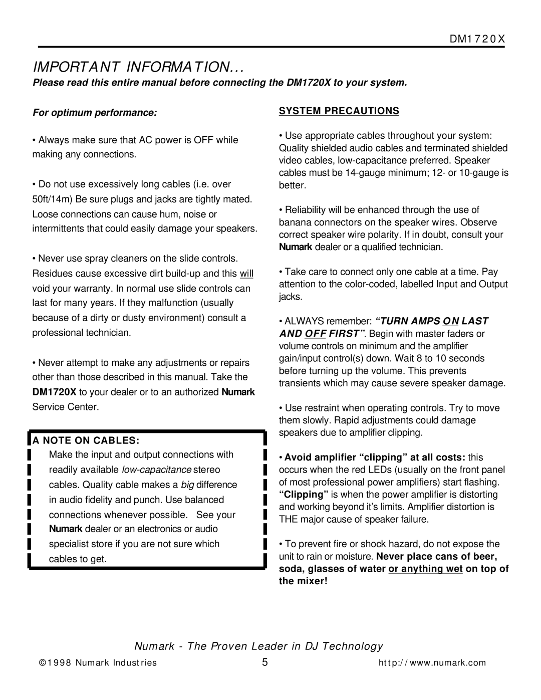 Numark Industries DM1720X owner manual Important Information 