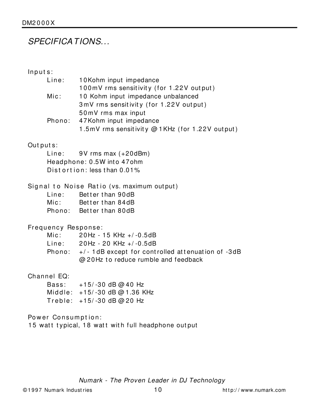 Numark Industries DM2000X owner manual Specifications, Inputs 