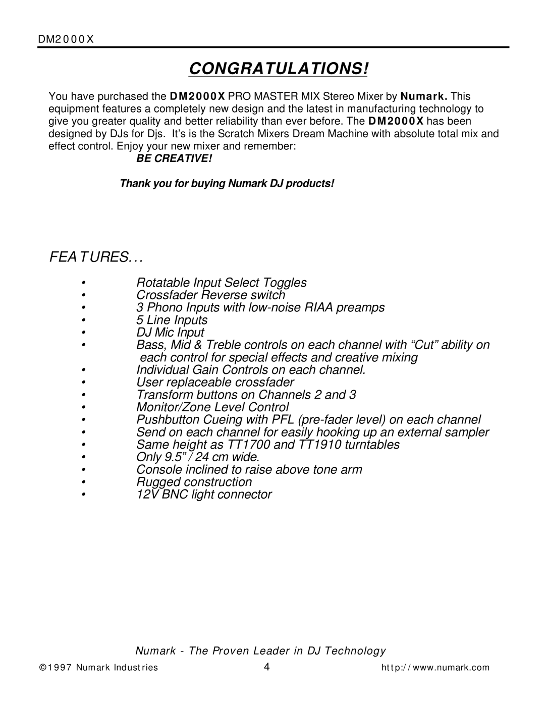 Numark Industries DM2000X owner manual Congratulations, Features 