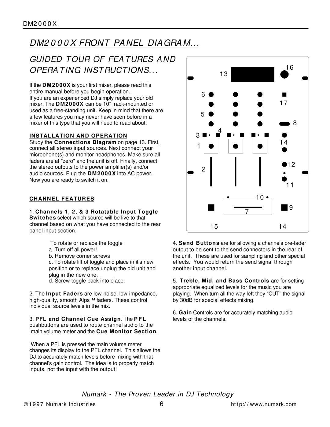 Numark Industries owner manual DM2000X Front Panel Diagram, Installation and Operation, Channel Features 