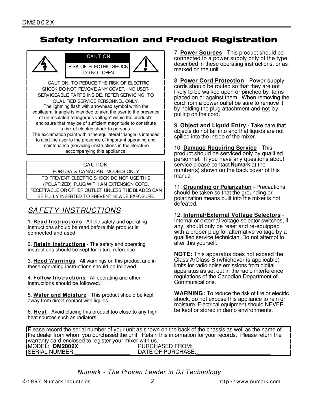 Numark Industries DM2002X owner manual Safety Instructions 