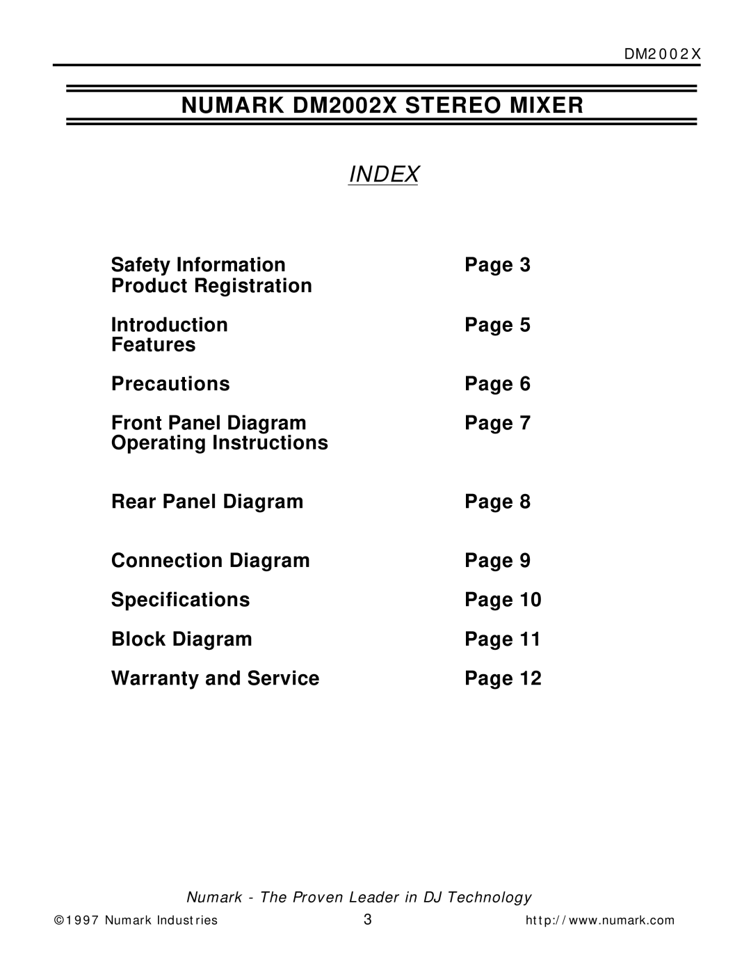 Numark Industries DM2002X owner manual Index 