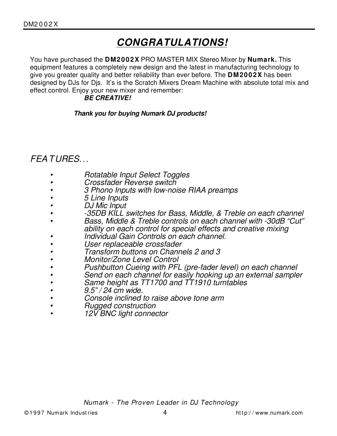 Numark Industries DM2002X owner manual Congratulations, Features 