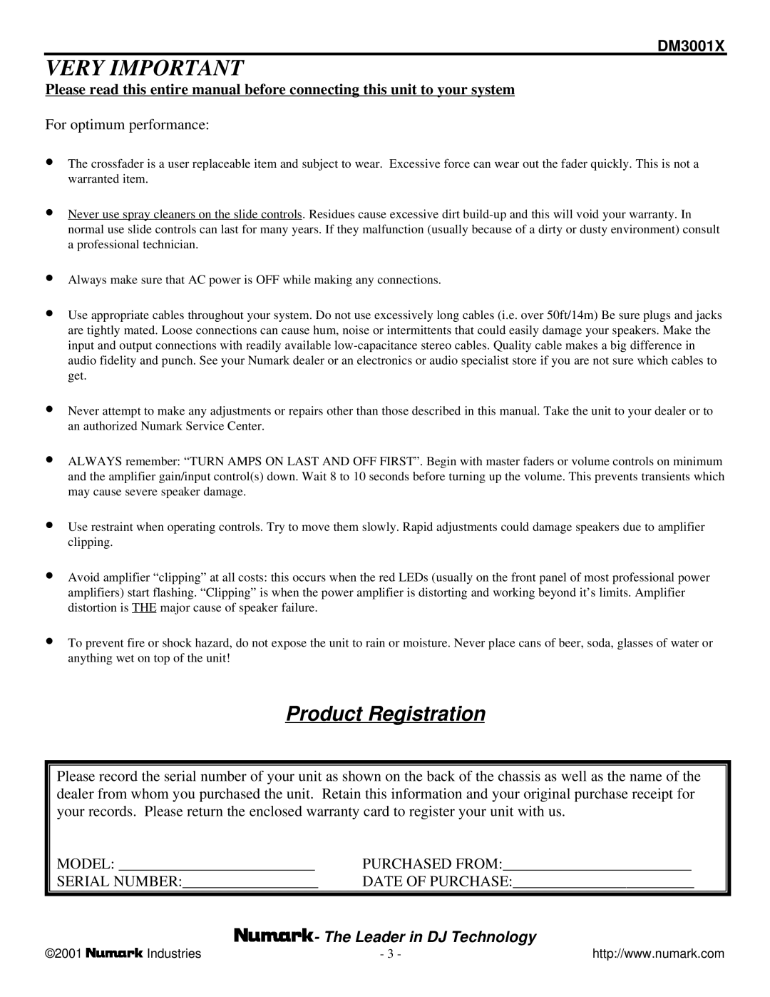 Numark Industries DM3001X owner manual Very Important 