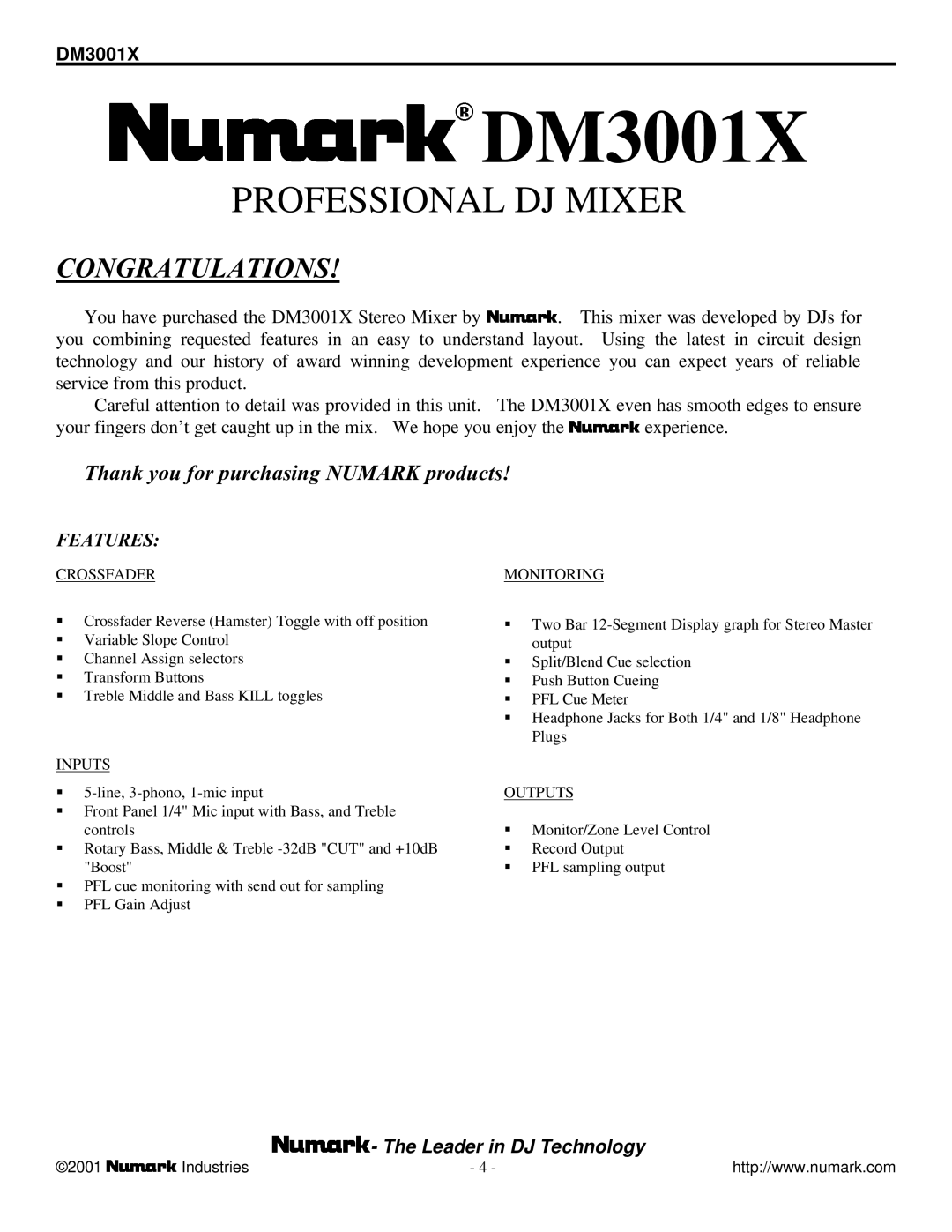 Numark Industries DM3001X owner manual 