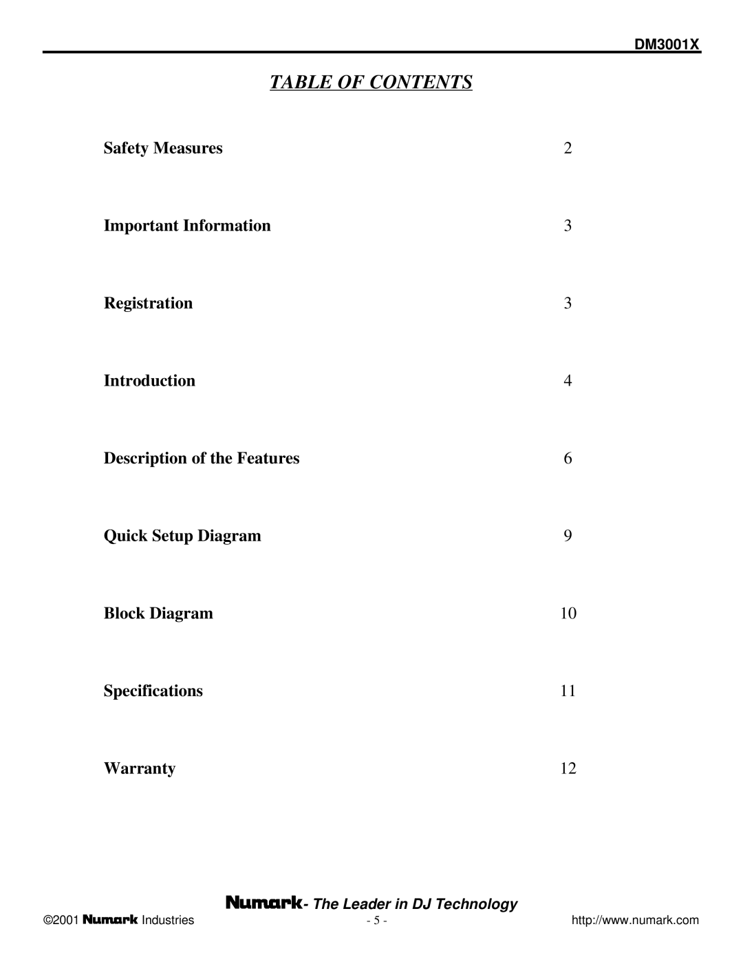 Numark Industries DM3001X owner manual Table of Contents 