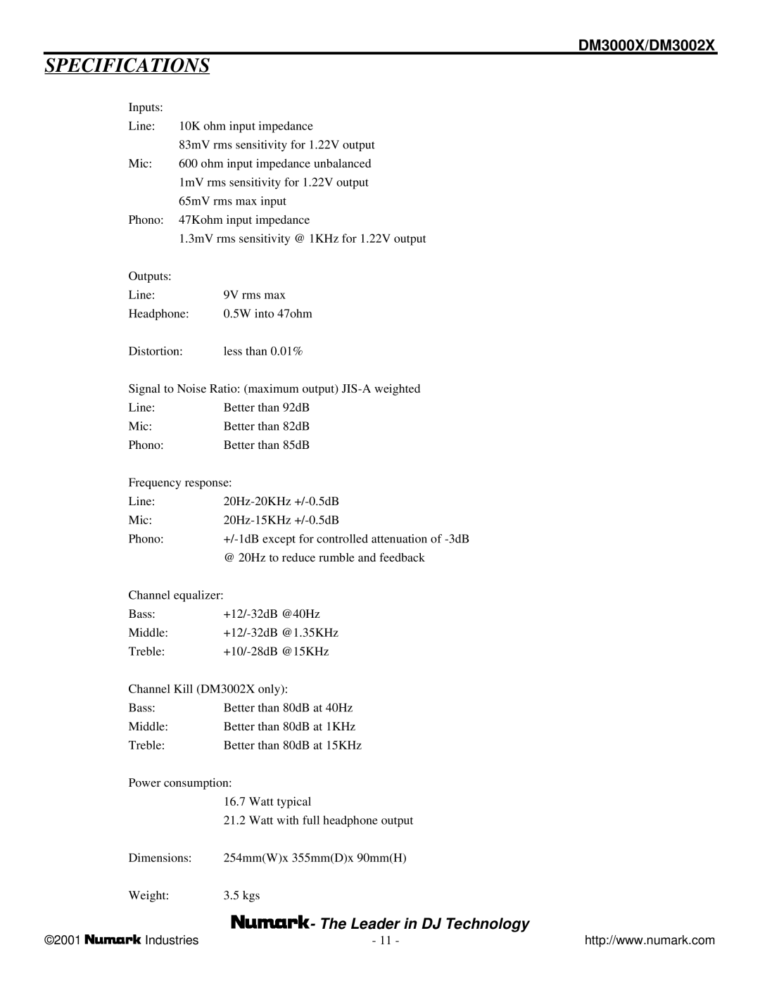 Numark Industries DM3000X, DM3002X owner manual Specifications 