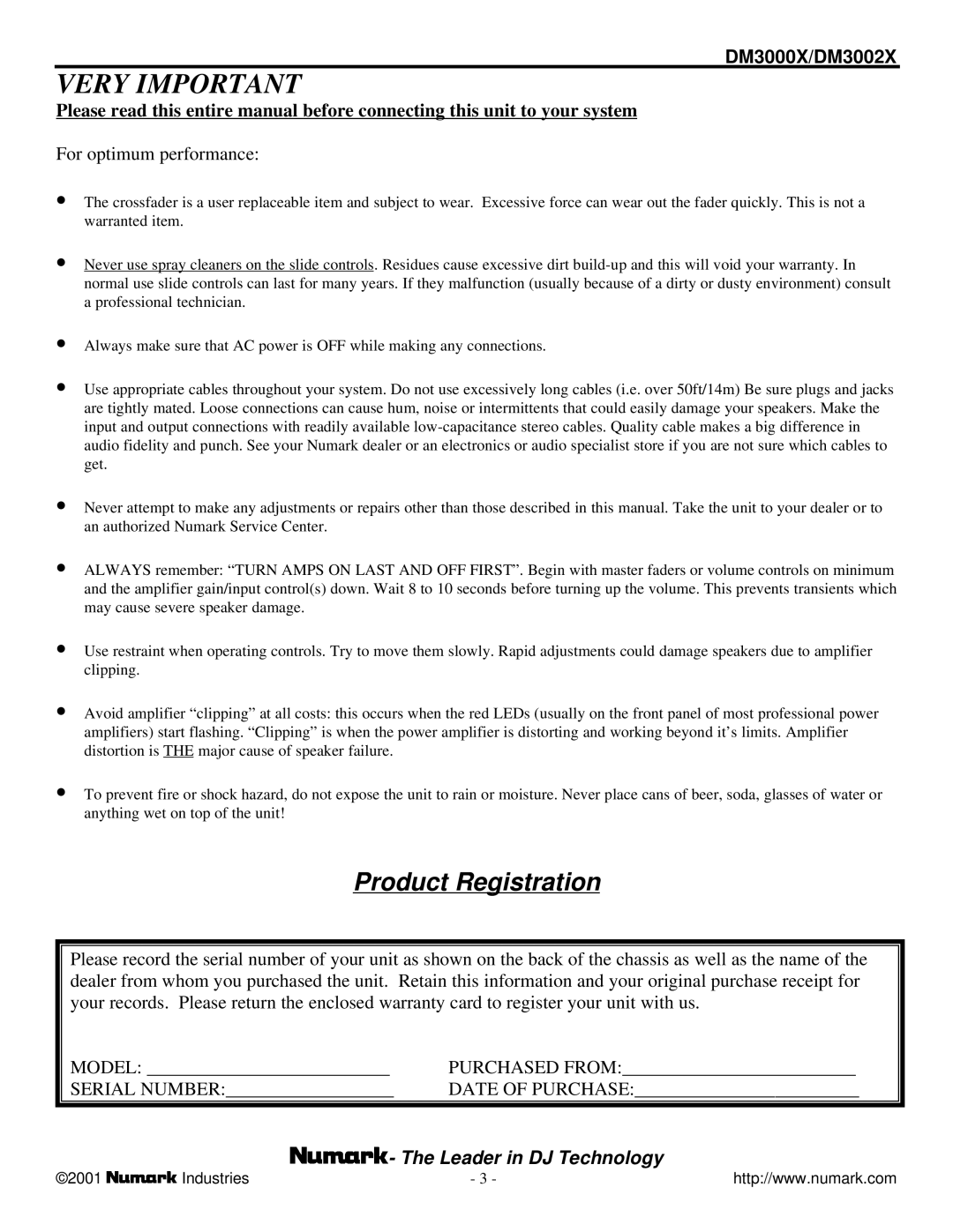 Numark Industries DM3000X, DM3002X owner manual Very Important 