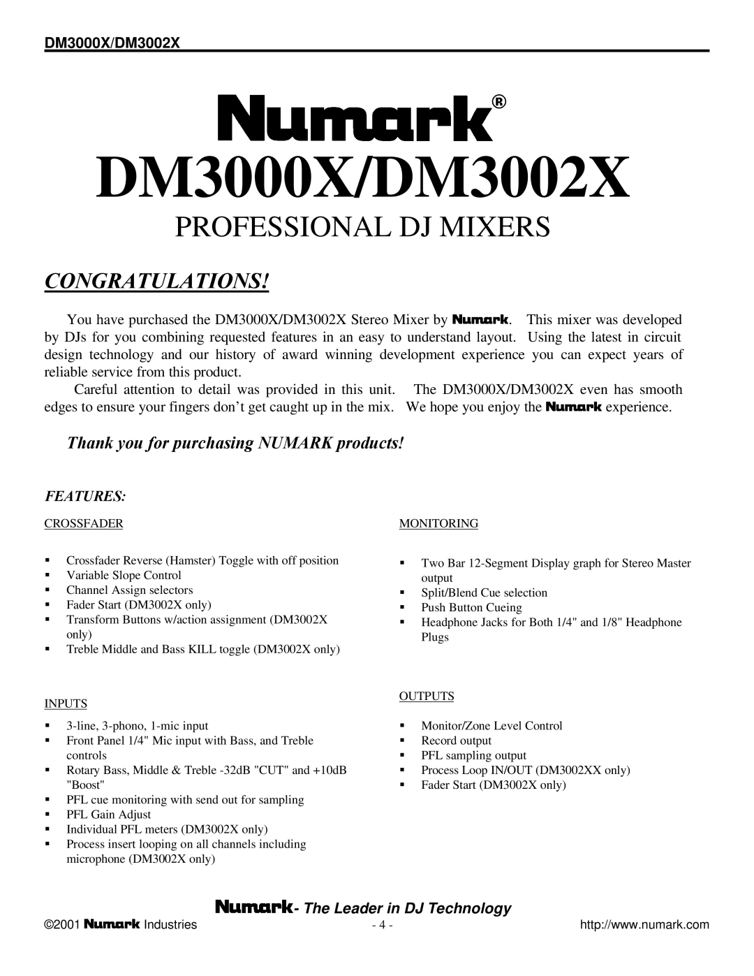 Numark Industries owner manual DM3000X/DM3002X 