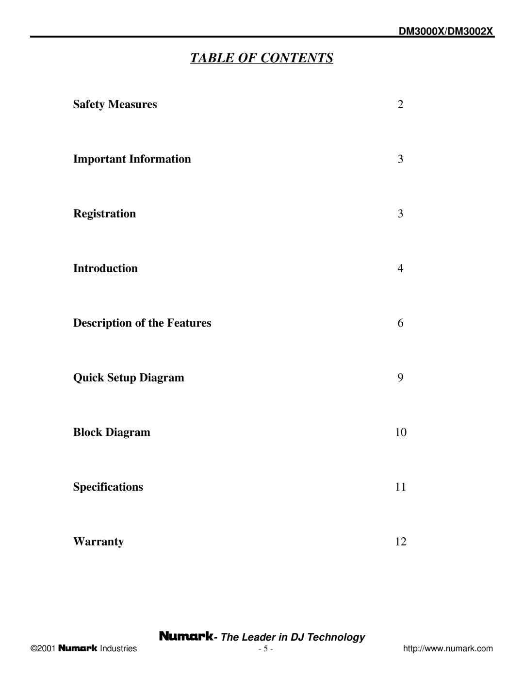 Numark Industries DM3000X, DM3002X owner manual Table of Contents 