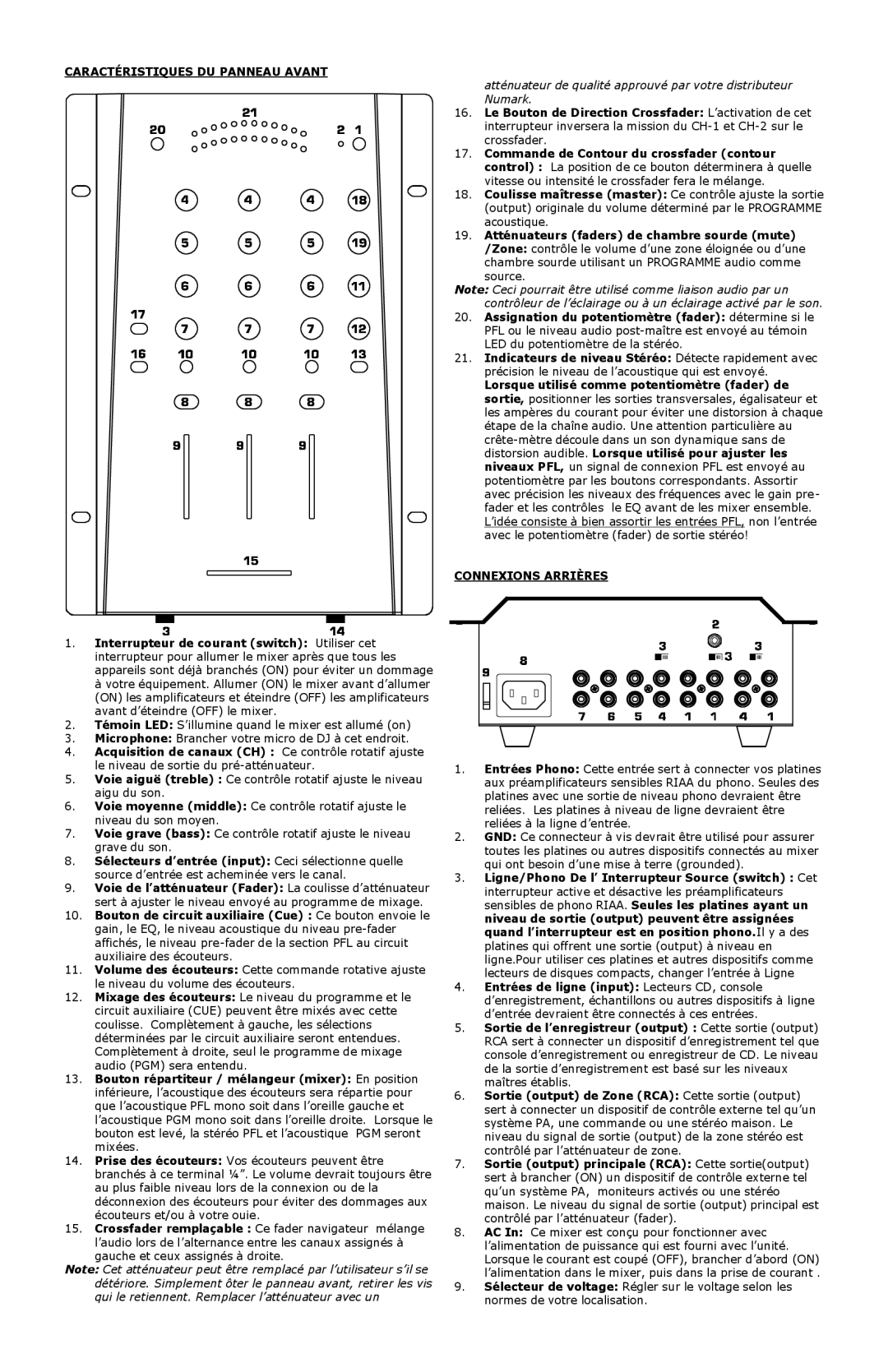 Numark Industries DM3050 manual Caractéristiques DU Panneau Avant, Connexions Arrières 