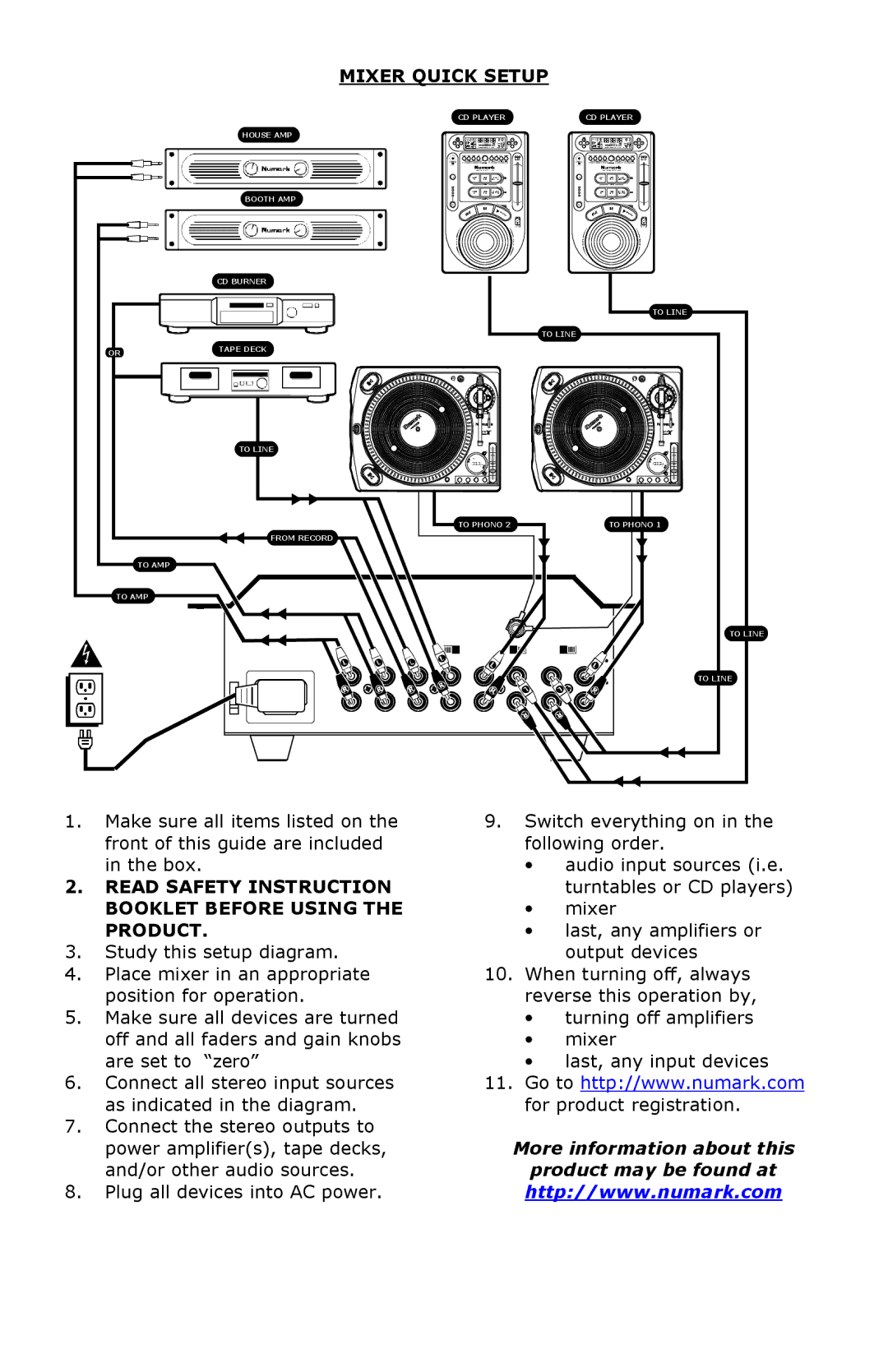 Numark Industries DM3050 manual Mixer Quick Setup, Read Safety Instruction Booklet Before Using the Product 