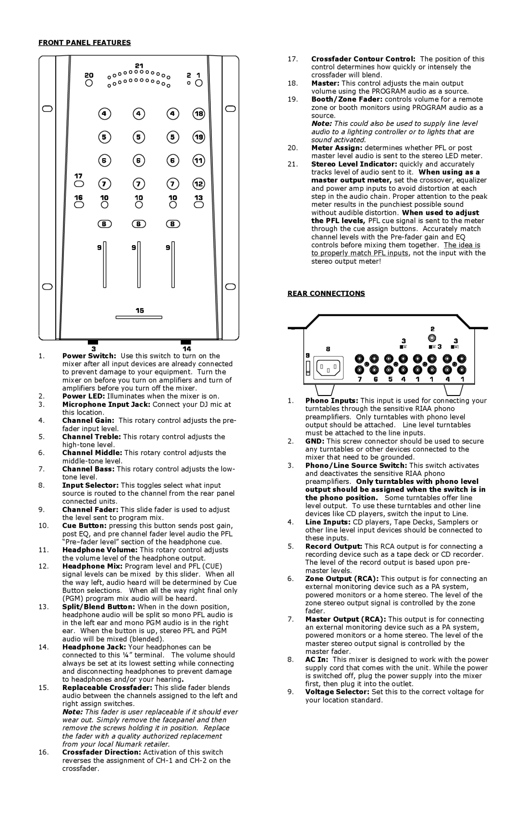 Numark Industries DM3050 manual Front Panel Features, Microphone Input Jack Connect your DJ mic at this location 