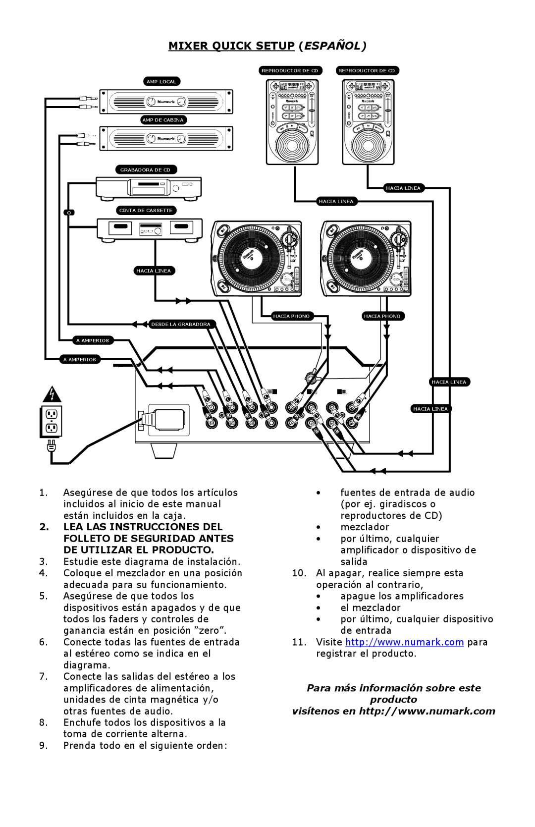 Numark Industries DM3050 manual Mixer Quick Setup Español, Para más información sobre este Producto 