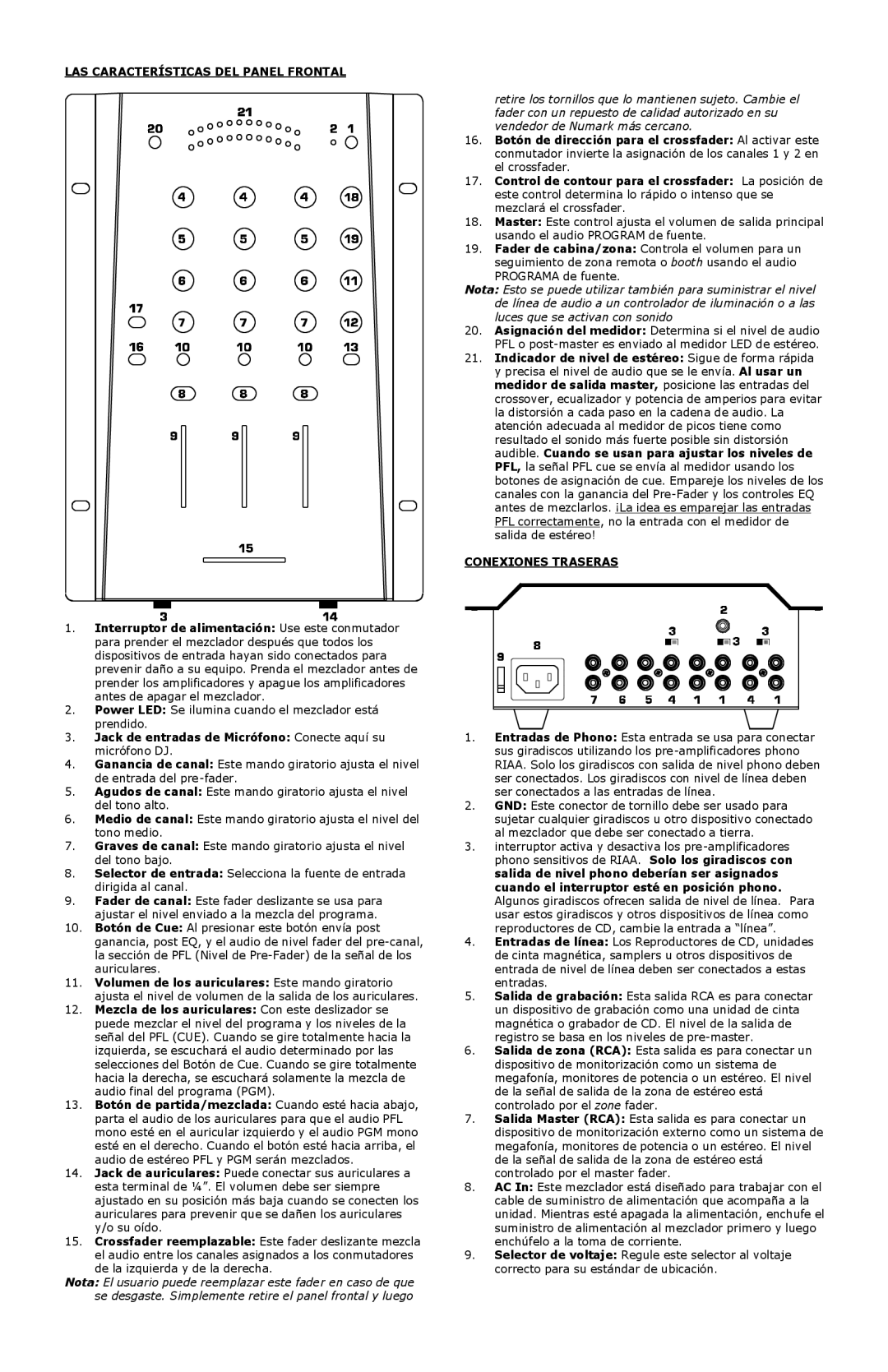 Numark Industries DM3050 LAS Características DEL Panel Frontal, Jack de entradas de Micrófono Conecte aquí su micrófono DJ 